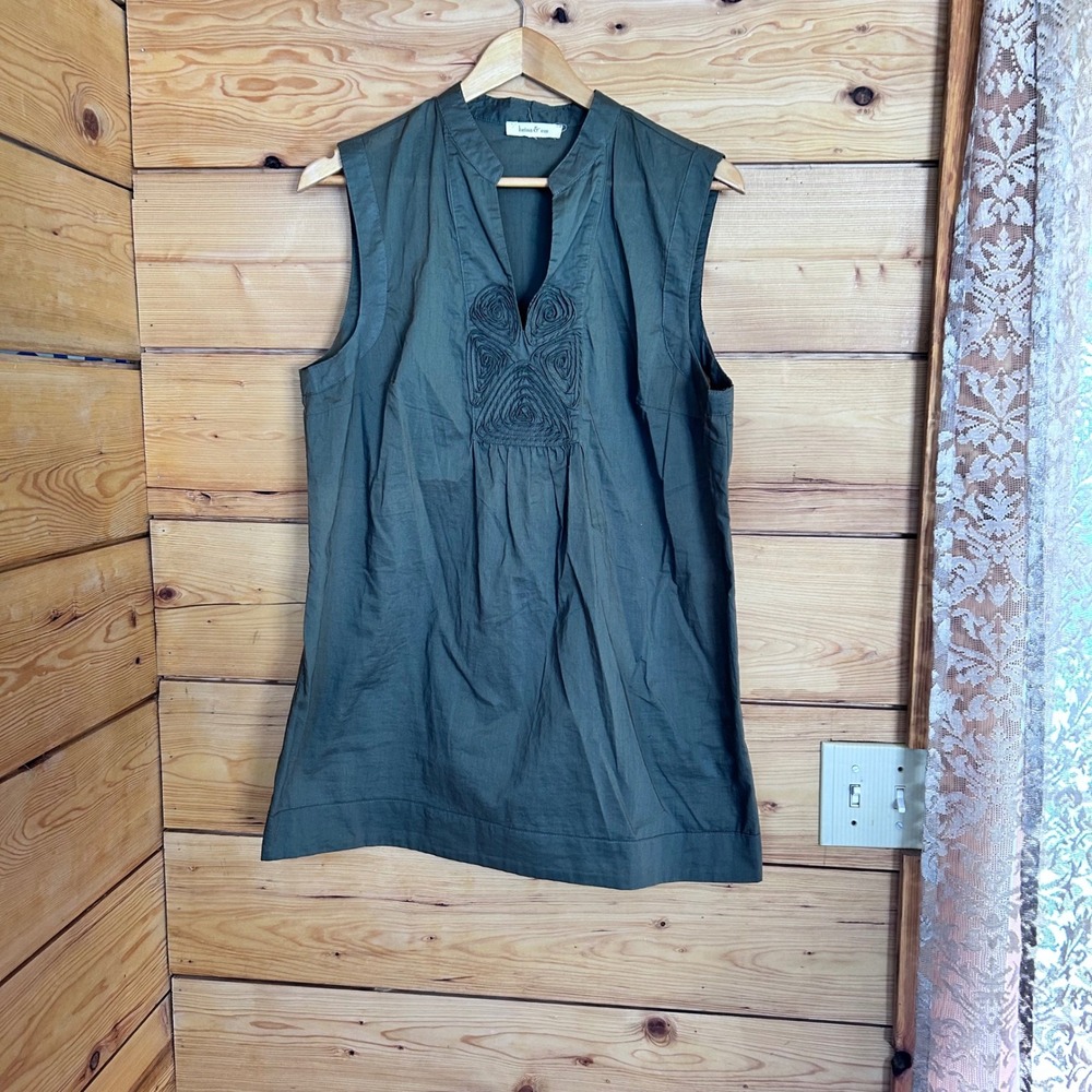 Tunic Top Womens Large Olive Green Corded Bib Embroidered Boho Tank Brina & Em